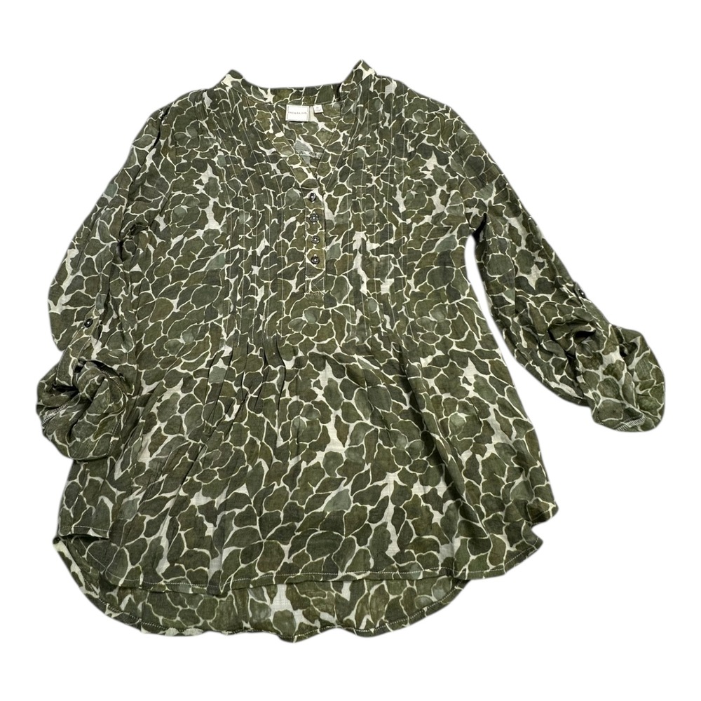 Zac & Rachel Womens Tunic Top Green‎ White Abstract Leaf Print Pleated V Neck M